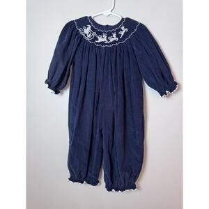 Stellybelly Navy Blue Corduroy Smocked Reindeer Playsuit Baby Girl Sz 2T